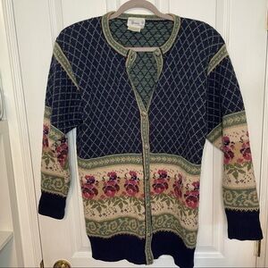 VINTAGE Deans of Scotland 100% Wool Multi Print Button Down Sweater Cardigan M